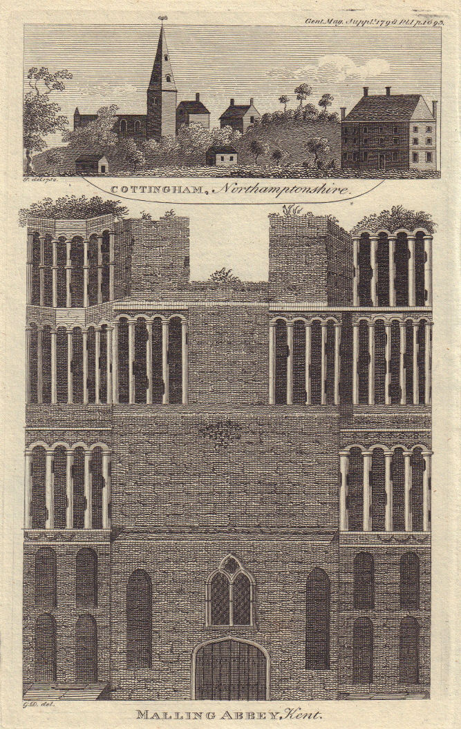 St Mary Magdalene church, Cottingham, Northamptonshire. Malling Abbey Kent 1798